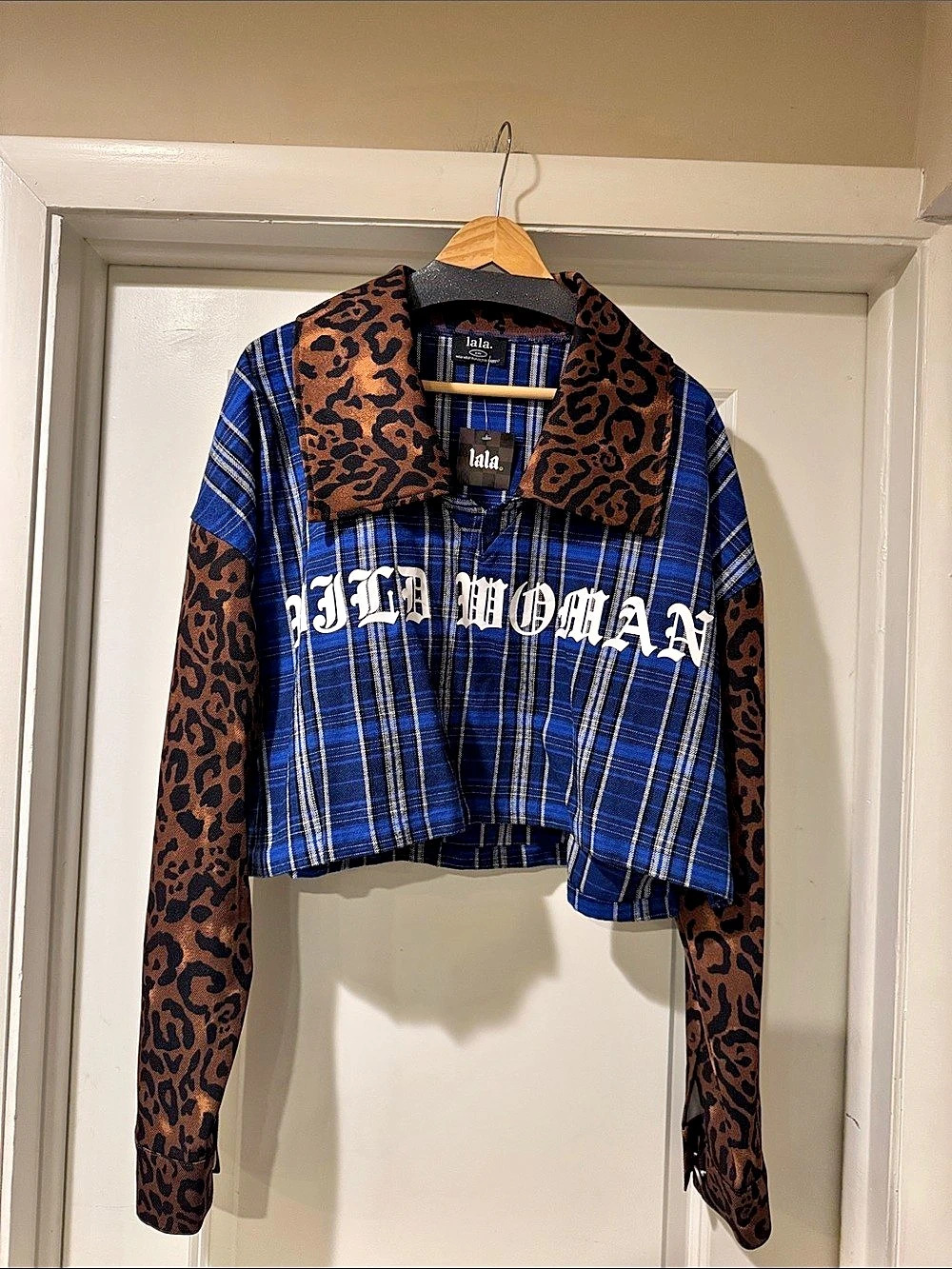lala. Plaid Leopard Print Cropped Top Size S/M NWT